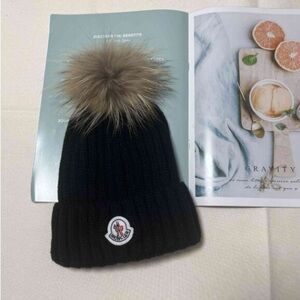 New Moncler Black Knit Hat with Brown Fur Pom